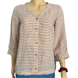 Artisan NY linen Vneck button front relaxed fit red striped top women's small
